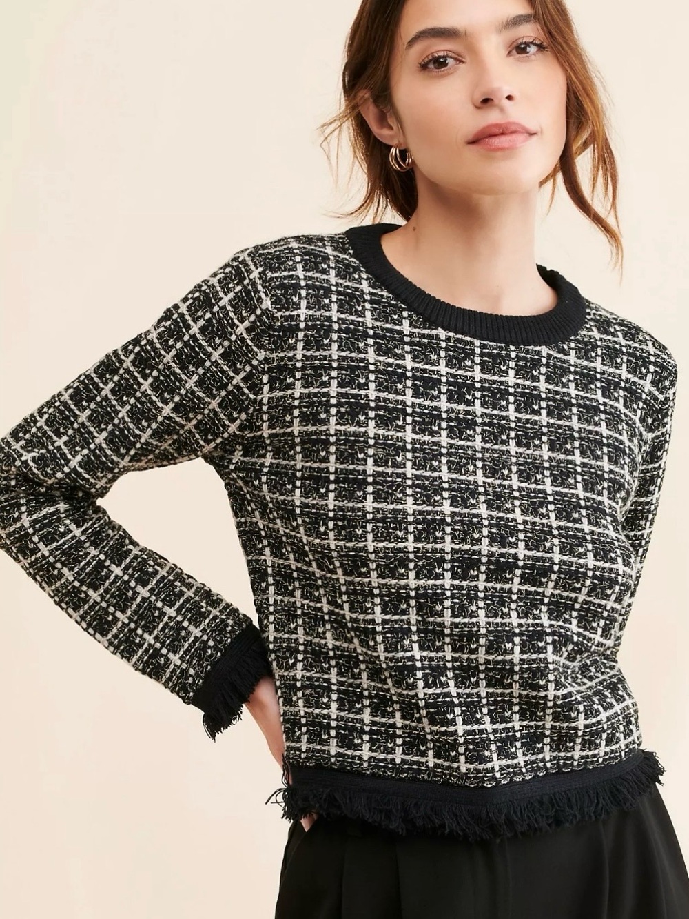 Line & Dot Black and White Tweed Crewneck Sweater